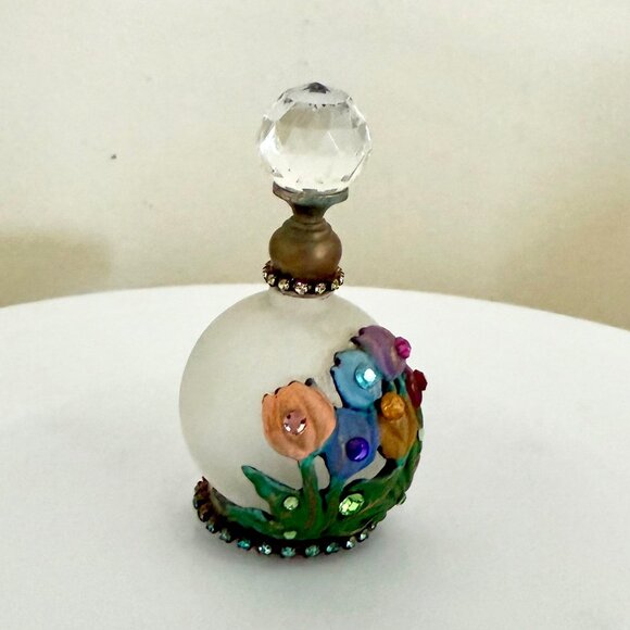 Belladonna Handmade Frosted Glass Floral Decor Bottle Crystal Top 3 Inch Vintage - Picture 3 of 10